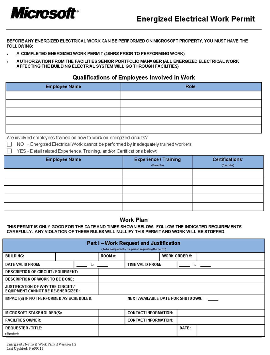 Microsoft energized electrical work permit, part 1