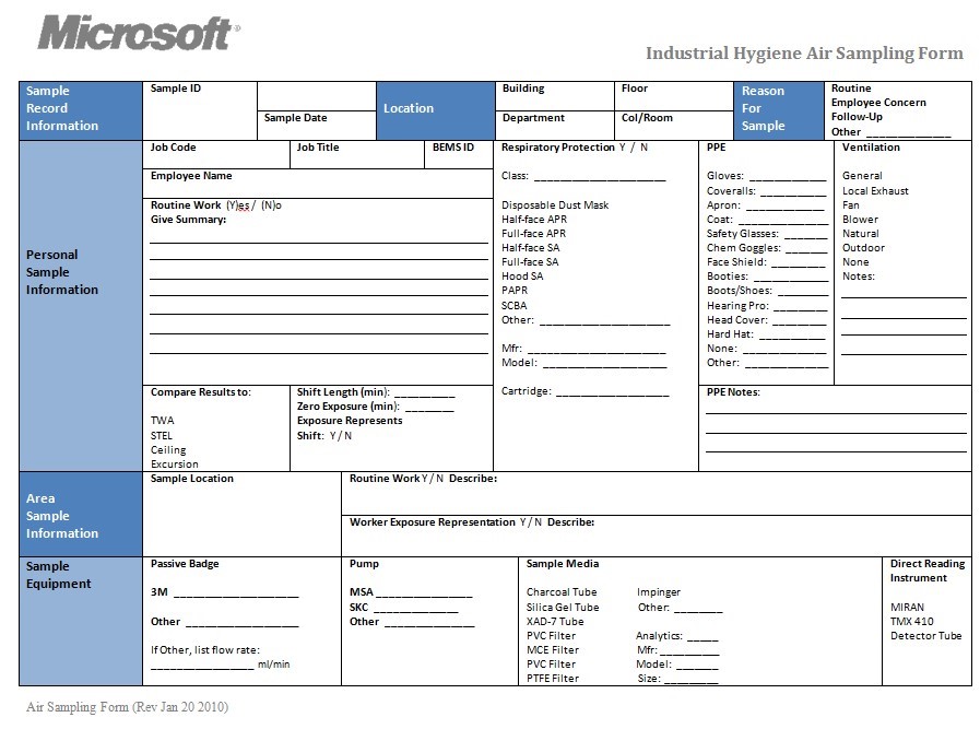 Industrial hygiene air sampling form page 1