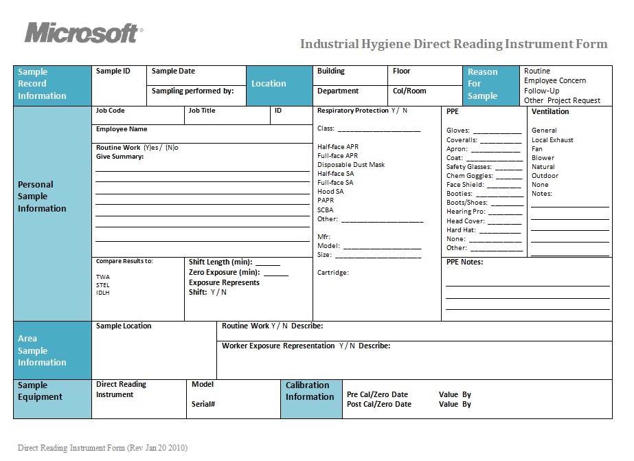Industrial hygiene direct reading instrument form page 1