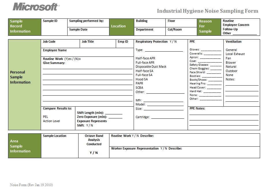 Industrial hygiene noise sampling form page 1