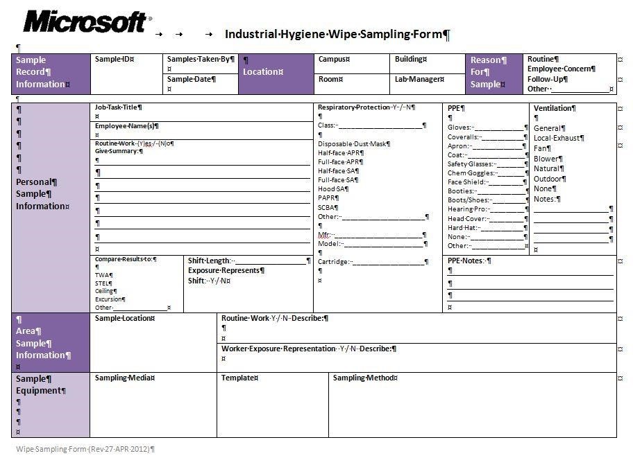 Industrial hygiene wipe sampling form page 1