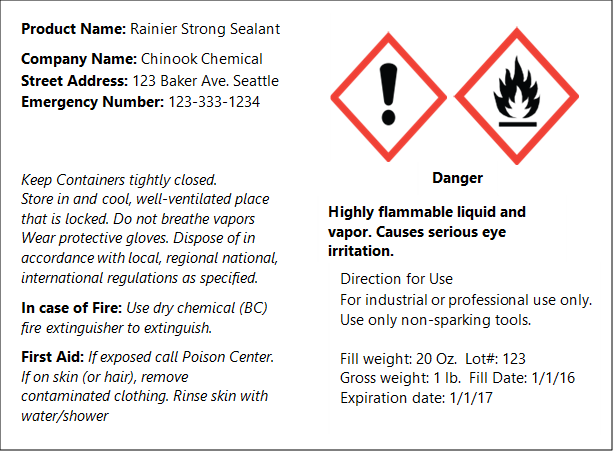Product hazard label from Rainier Strong Sealant.