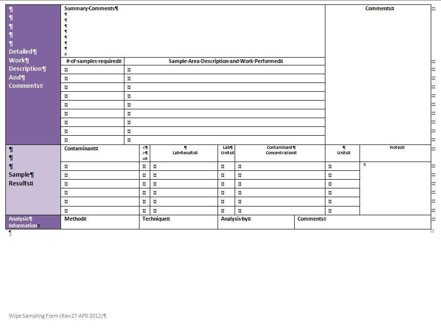 Industrial hygiene wipe sampling form page 2
